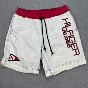 Tommy Hilfiger Swim Trunks Men's Large White Red Mesh Lined Baggy Board Shorts
